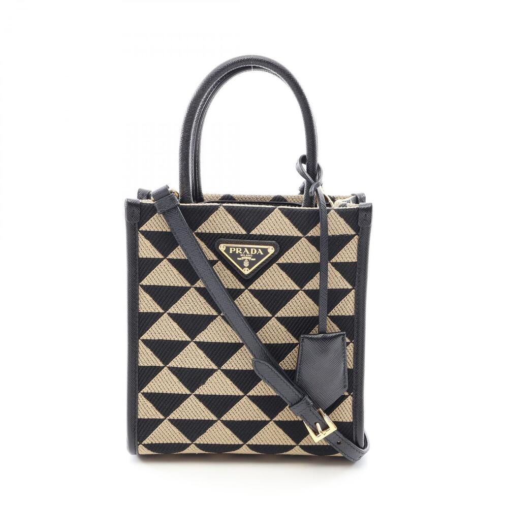 Prada Symbole Jacquard Tote striking black beige triangle Saffiano leather